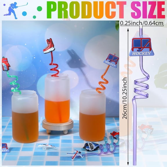 YNTVV-24 Pack Hockey Straws, Reusable Curly Drinking Straws with Ice Hockey Decorations, Daily Drink Straw for Birthday Party Supplies, Team Gifts, Class Reunion, Sports Party Favors