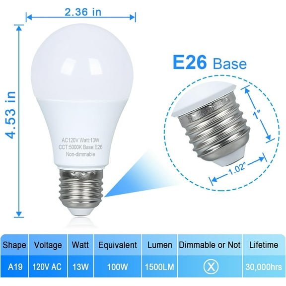 YNTVV-24 Pack LED Light Bulbs 100 watt Equivalent, Efficient 13W, Daylight White 5000K, E26 Medium Base, A19 Standard Light Bulbs, 120V, Non-Dimmable