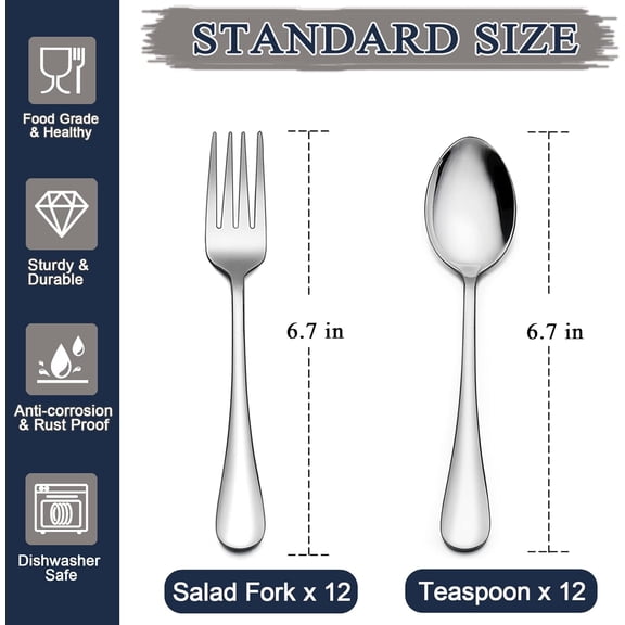 YNTVV-24-Piece Forks and Spoons Silverware Set, 12 Teaspoon and 12 Salad Fork, Stainless Steel Flatware Cutlery Set for Home Kitchen Hotel, Mirror Finished, Dishwasher Safe
