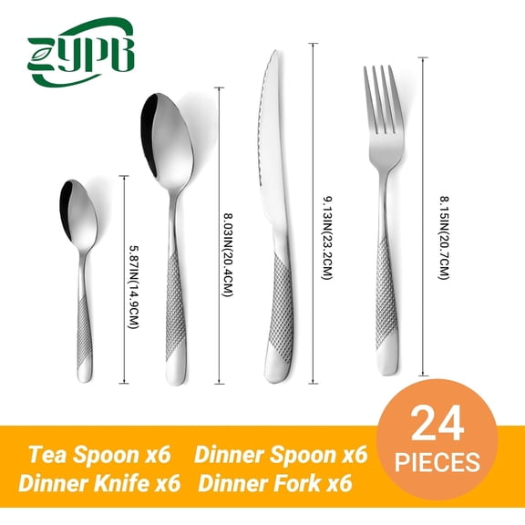 YNTVV-24-Piece Silvery Hammered Silverware Set, Food-Grade Stainless Steel Flatware Service for 6, Modern Cutlery Utensil Set with Forks Knives Spoons, Mirror Polished, Dishwasher Safe for Dining Res