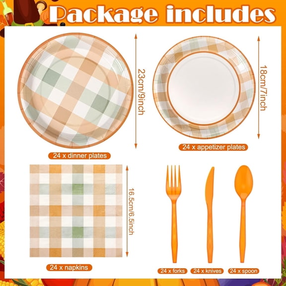 YNTVV-24 Set Thanksgiving Fall Plaid Paper Plates Napkins with Forks and Knives Party Supplies for Guests, Disposable Friendsgiving Turkey Autumn Dessert Dinnerware Buffalo Check Table Decorations
