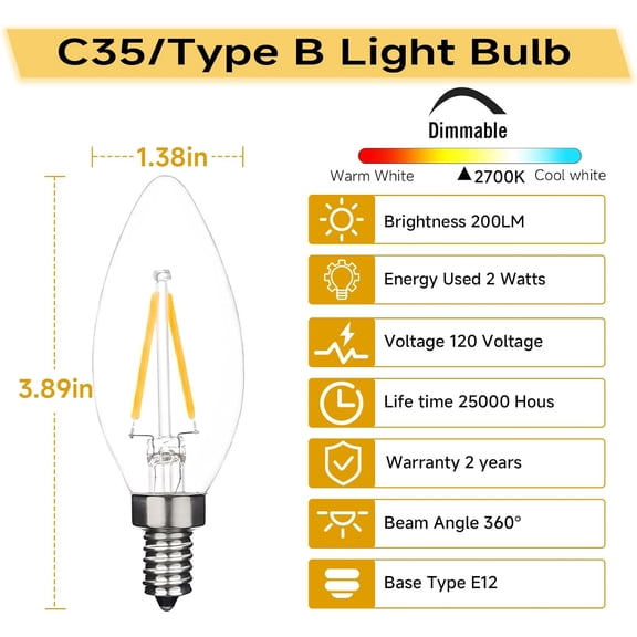 YNTVV-25W Equivalent Type B LED Chandelier Bulb B11/B10 Shape, E12 Base, 2700K Warm White Dimmable, Energy Efficient, Long-Lasting, 6-Pack for Indoor Decor & Pendant Lighting