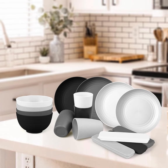 YNTVV-28PCS Wheat Straw Dinnerware Sets - Unbreakable, Reusable, Kitchen Plastic Dinner Plates,Dessert Plates, Cups, and Bowls Sets Microwave and Dishwasher Safe for 4, Ideal for Indoor and Outdoor C