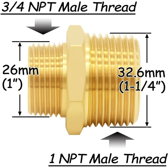 YNTVV-2PCS Brass Reducer Adapter, 3/4" NPT Male to 1" NPT Male Thread, Hex Reducing Pipe Fitting Coupler Nipple Connector for Water/Oil/Gas