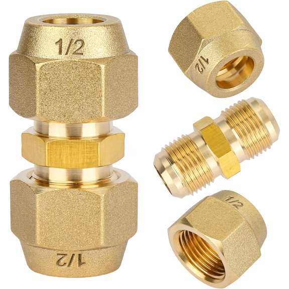 YNTVV-2Packs 1/2" Brass Pipe Extension Joint Connectors, Free Welding AC Pipe Connectors with HVAC Flare Nuts, Copper Flare Fittings, Air Conditioning Pipe Coupling Adapters for Butt Copper Tube (12.