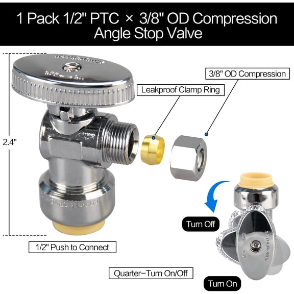 YNTVV-2pcs Stop Valves, 1/2" 3/8" Angle Stop Valve, 1/2" PTC Input, 3/8" OD Compression Output, Push to Connect, 1/4 Turn, Chrome Plated Brass for Faucet, Toilet Valves, No Lead