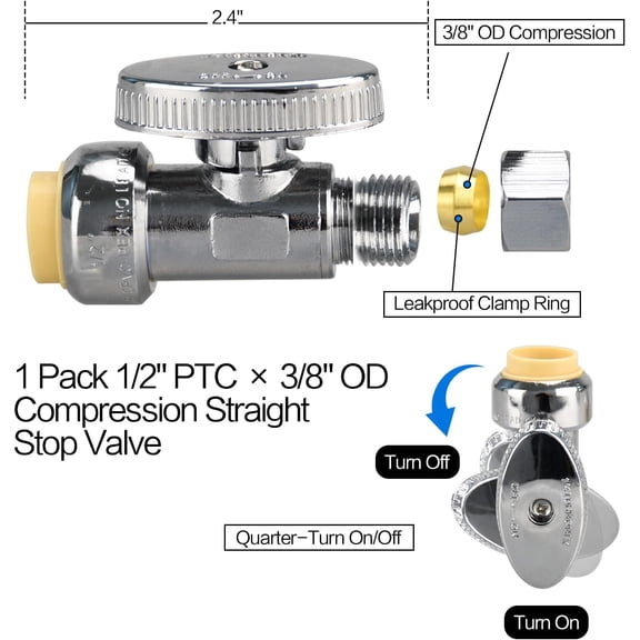 YNTVV-2pcs Stop Valves, 1/2" 3/8" Straight Stop Valve, 1/2" PTC Input, 3/8" OD Compression Output, Push to Connect, 1/4 Turn, Chrome Plated Brass for Faucet, No Lead