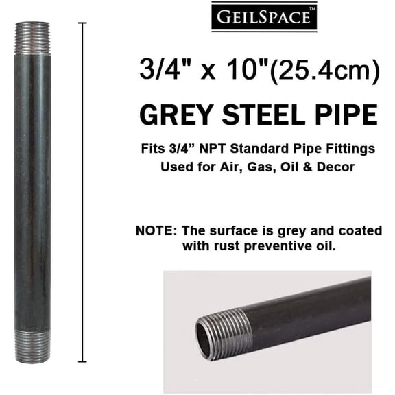 YNTVV-3/4" 10" Heavy Duty Pre-Cut Grey Metal Pipe, Industrial Steel Fits Standard 3/4 Inch Threaded Pipes and Fittings - Vintage DIY Industrial Shelving (3/4" 10", Grey)