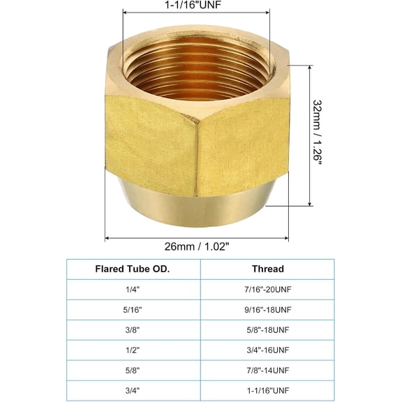 YNTVV-3/4" Brass Flare Cap, 1-1/16UNF Female Thread 2Pcs SAE Flare Fitting 45 Degree Hex Pipe Fittings for Air Conditioner Refrigeration