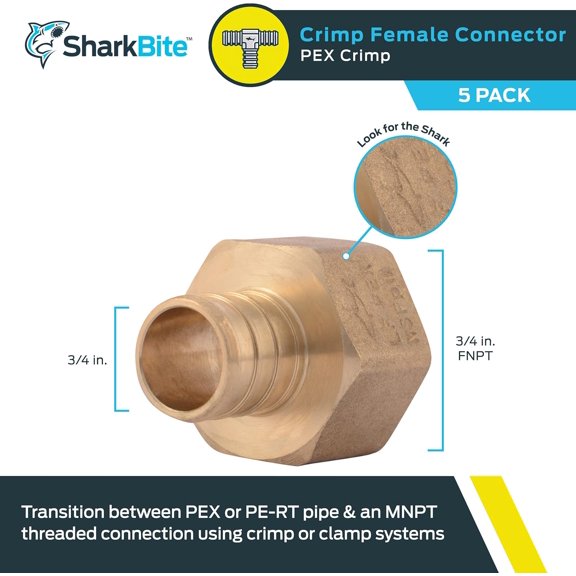 YNTVV-3/4 Inch FNPT Crimp Connector, Pack of 5, Brass Plumbing Fitting, PEX Pipe, PE-RT, UC088LFA5