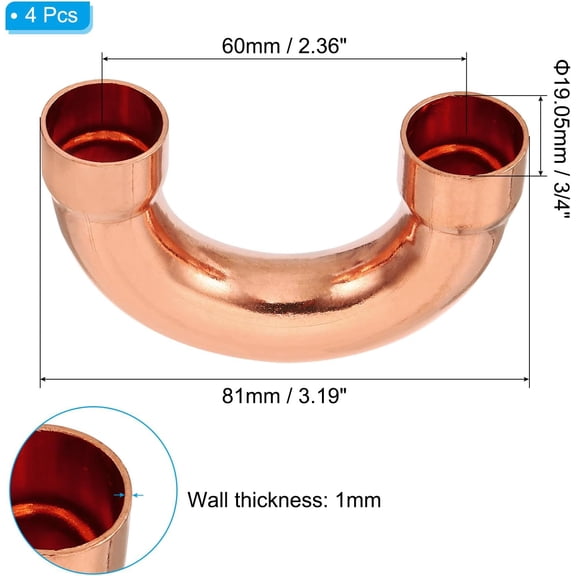 YNTVV-3/4 Inch ID Copper Pipe Fittings, 4 Pcs 180 Degree Return Bend Copper Pipe Sweat Welding Solder Connection for HVAC Air Conditioning Hydraulic