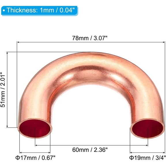 YNTVV-3/4 Inch OD 78x51mm Elbow Copper Pipe Fitting, 2 Pack 180 Degree Bend Welding Sweat Solder Connection for HVAC Air Conditioner Plumbing Gas Water Oil
