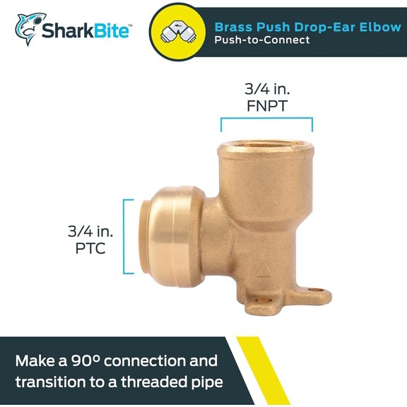 YNTVV-3/4 Inch x 3/4 Inch Drop Ear Elbow, FNPT, Push to Connect Brass Plumbing Fitting, PEX Pipe, Copper, CPVC, PE-RT, HDPE, U340LFA