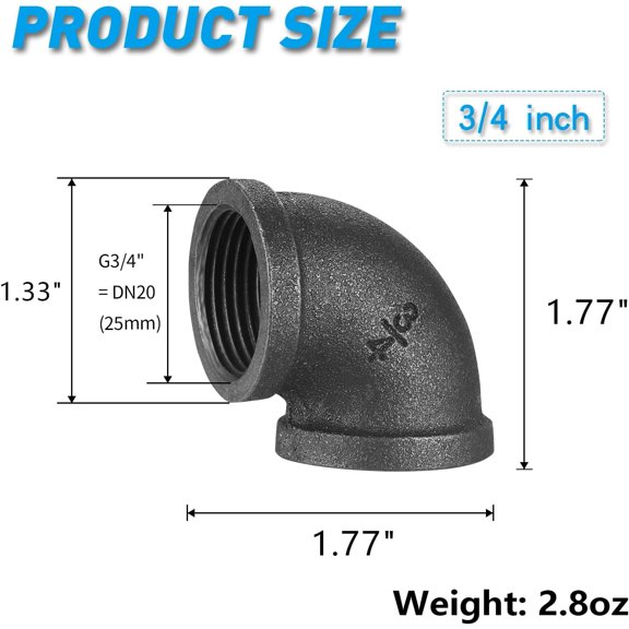 YNTVV-3/4" Pipe Fitting Elbow, 10 Pack DN20 Gray Threaded Cast Malleable Iron Elbow for Steampunk Vintage Shelf Bracket DIY Plumbing Pipe Decor Furniture (10, 3/4")