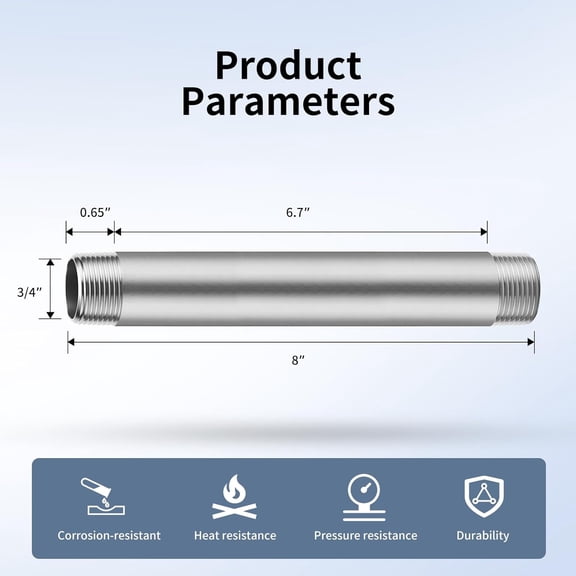 YNTVV-3/4"x8" 304 Stainless Steel Pipe, 3/4" NPTx 3/4" NPT Male Threaded Nipple, SCH40 Heavy Duty Pre-Cut Steel Pipe for Plumbing Gas, Hydraulic, and Industrial Applications(8", 2 Piece)