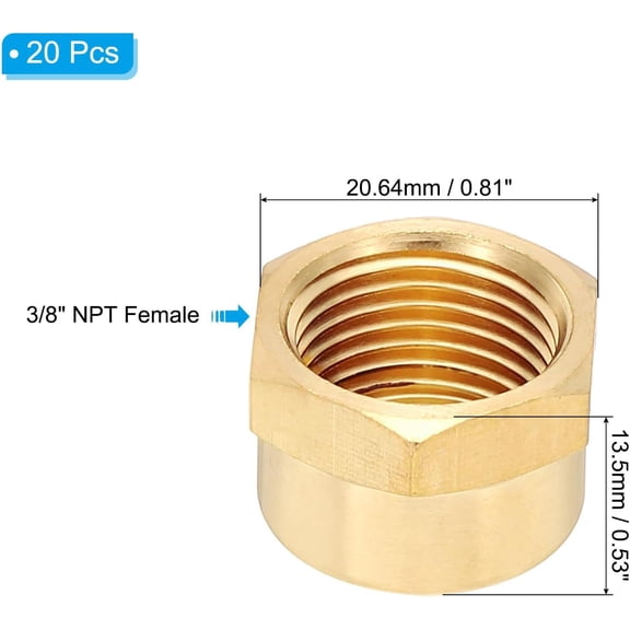 YNTVV-3/8" NPT Female Brass Pipe Fitting Cap, 20Pcs Hex Head Brass Tubing Cap Thread Ends Cap Sealing Fittings for Refrigeration, Gas, Air, Water, Oil Line, Brass Tone