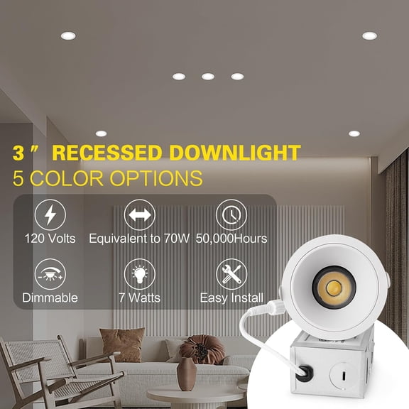 YNTVV-3 Inch LED Recessed Downlight,7W Dimmable Anti-Glare Ceiling Light with Junction Box, CRI92 560LM,5 CCT (2700K-5000K) White Lighting Fixture (1)