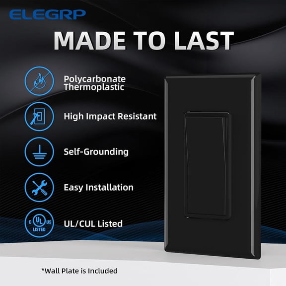 YNTVV-3 Way Decorator Light Switch, 15Amp, 120-277 Volt, AC Rocker Paddle Wall Switch Replacement, Self-Grounding, Residential Grade, w/Wall Plate, UL Listed (5 Pack, Glossy Black)