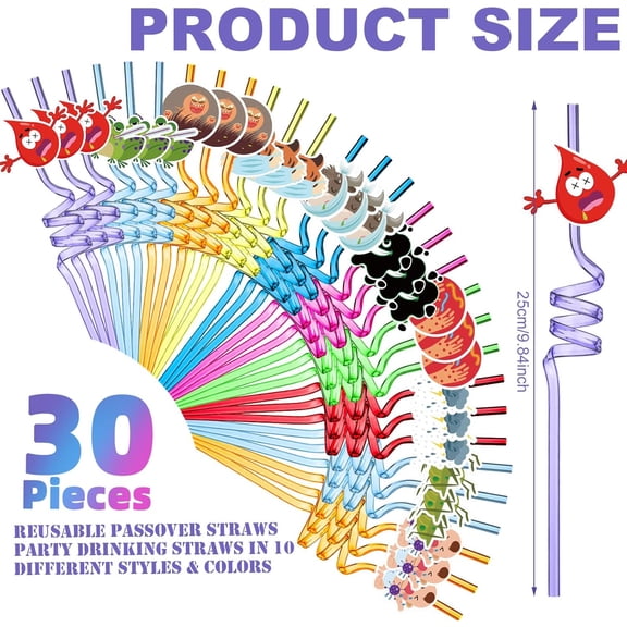 YNTVV-30 Pcs Passover 10 Plague Straws Passover Frogs Lice Hail Locust Firstborn Theme Crazy Straws Plastic Reusable Drinking Straws for Pesach Seder Passover Seder Table Supplies Decorations, 10 Sty