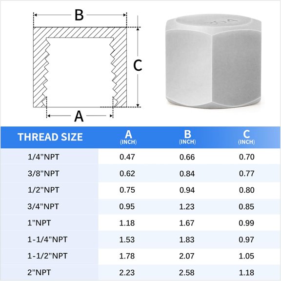 YNTVV-304 Stainless Steel Pipe Fitting, Hex End Cap Pipe Fitting1/4" NPT FemaleThread Adapter(6-PACK)