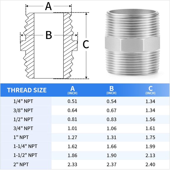 YNTVV-304 Stainless Steel Pipe Fitting, Hex Nipple 2" NPT Male x 2" NPT Male Thread Adapter(2-PACK)