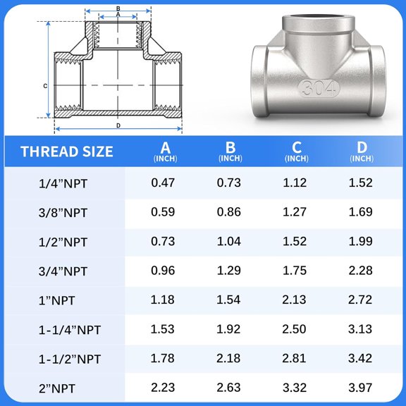 YNTVV-304 Stainless Steel Pipe Fitting, Tee 1" x 1" x 1" NPT Female Thread Adapter(2-PACK)