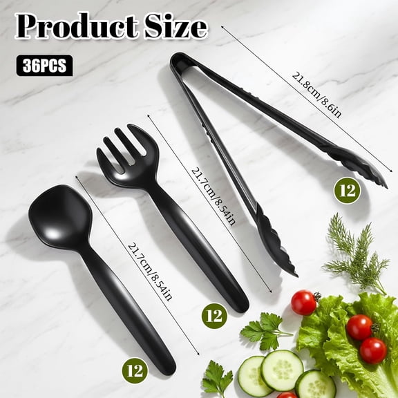 YNTVV-36 Pcs Black Plastic Serving Utensils Set, 9'' Disposable Serving Spoons Forks Tongs for Servings Food Heavy Duty Party Utensils for Dinner Parties Buffets Banquets Birthday Weddings Daily Use