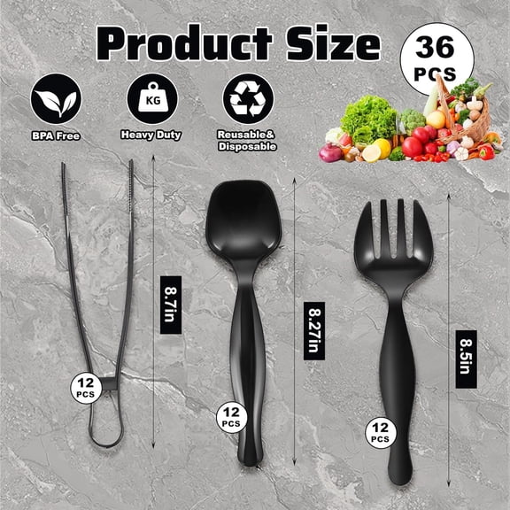 YNTVV-36 Pcs Plastic Serving Utensils Set 9'' Large Disposable Serve Spoons Forks Tongs for Serving Food Heavy Duty Black Large Party Utensils Supplies for Buffet Restaurant Dinner Salad Noodles Soup