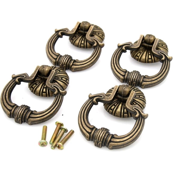 YNTVV-4 PCs Vintage Antique Brass Ring Pull Handles for Drawer Cabinet Dresser Wardrobe, Large Size (Height 2-61/64", Width 2-9/32")