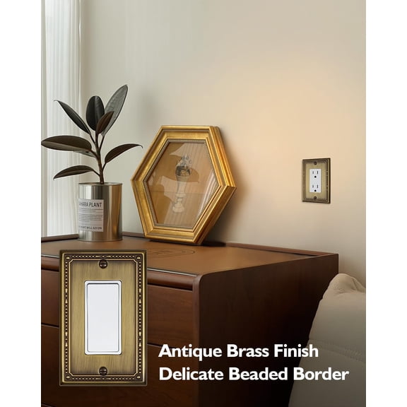 YNTVV-4-Pack Antique Brass Outlet Covers Wall Plate, Metal Decorator Wall Plates for Receptacles, Dimmer Switches, GFCI Outlets, Decorative Pearl Design, 3.15''*4.88'', Midsize