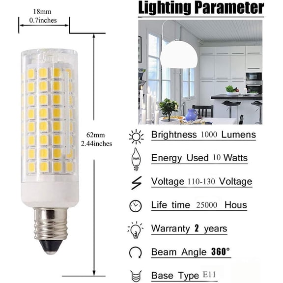 YNTVV-4-Pack E11 LED Bulbs 10W (100W Halogen Equivalent), Daylight Light 6000K, Dimmable, 1200 Lumens for Home Lighting, AC110V, CRI80, E11 Base LED Corn Light Bulb