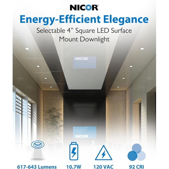 YNTVV-4 Square LED Surface Mount Ceiling Light - Dimmable Ceiling Light for Kitchen - Selectable CCT 2700K-5000K, 617-643 Lumens, 10.7W - DSE Edge-Lit Downlights for Ceiling, White by NICOR Lighting