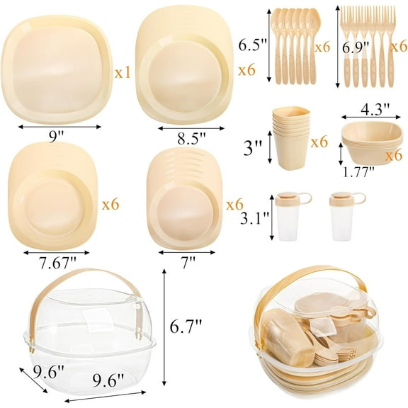 YNTVV-46 Pack Camping Dinnerware Set for 6 Portable, Reusable Plastic Plate Bowl Fork Spoon Salt Pepper Shaker Set with Basket, Food Grade Picnic Dishes Cutlery Kit for Outdoor, Party, Travel, BBQ