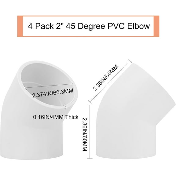 YNTVV-4Pack 2" 45 Degree PVC Elbow Pipe Fitting Connector (Socket x Socket) Furniture Build Grade SCH40 2 Inch 45 Degree Elbow PVC Corner Adapter for Home Sewer Plumbing Water Line