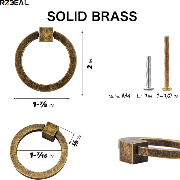 YNTVV-4Pcs 2.0" x 1-7/8" Solid Brass Antique Brass Pulls for Dresser Drawer Ring Pulls Furniture Hardware Brushed Gold Wardrobe Door Handles