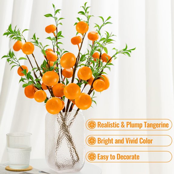 YNTVV-4Pcs Artificial Tangerine Branches, Lifelike Orange Branches with Green Leaf and Adjustable Branch, 11.8 inch Fake Oranges for Home Kitchen, Graden, Desk, Party Decorations