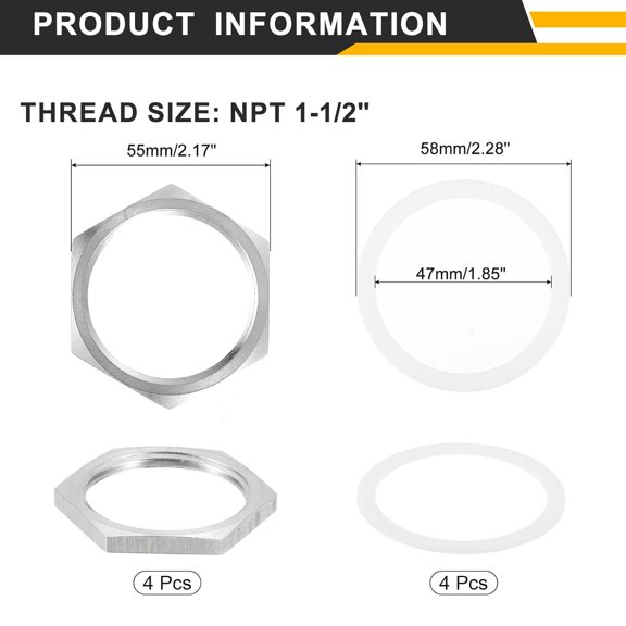 YNTVV-4pcs Cast Pipe Fitting Hex Locknut with Washer 304 Stainless Steel Hex Lock Nut NPT 1-1/2" Female Thread for Plumbing Fixed, Water Broom and Undercarriage Cleaner, 2.17" OD