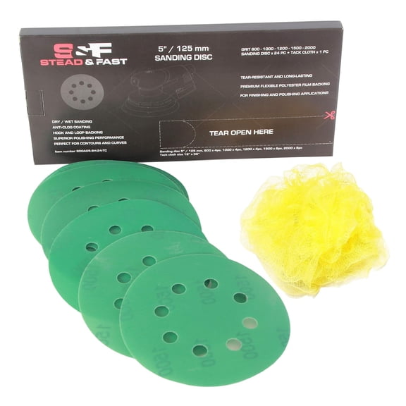 YNTVV-5 Inch Sanding Discs Hook and Loop 8 Holes 24 pc Green Film Sanding Discs, 800 1000 1200 1500 2000 Grit Wet Dry Superfine Sand Paper Disc, Orbital Sander Sandpaper with Tack Cloth by