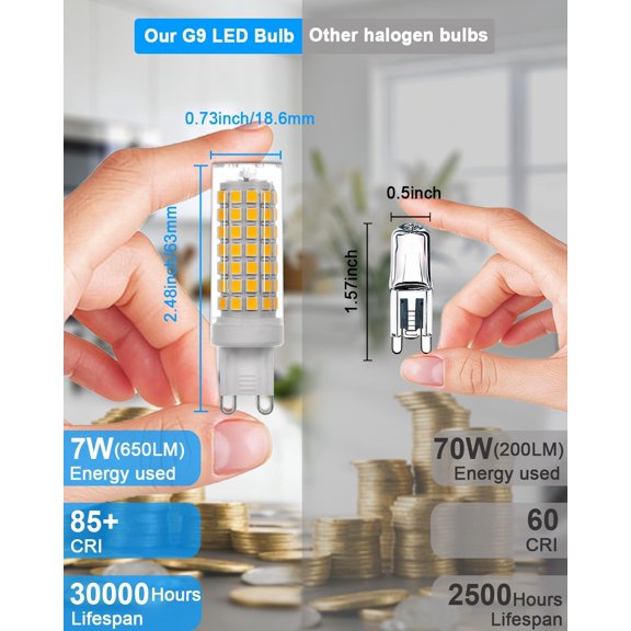 YNTVV-5 Pack G9 LED Bulb 7W, 650LM Equivalent 70W Halogen Bulb, 4000K Natural White, 120V No Flicker G9 Light Bulbs for Chandelier, Wall Sconces, Table Lamps, Non-dimmable