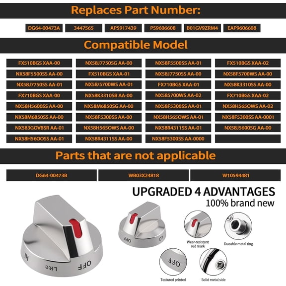 YNTVV-5-Pack Upgraded DG64-00473A Burner Control Dial Knob Range Oven Replacement Compatible with Samsung Gas Range/Oven/Stove,Sturdy Stainless Steel Reinforcement Ring.