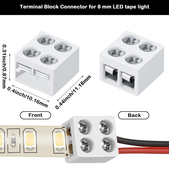 YNTVV-50 Pack Solderless LED Tape Light Connector Screw Down Terminal Block 2 Pin LED Connectors for Strip Lights 8 mm Tape to Wire for 5v 12v 24v Single Color, White