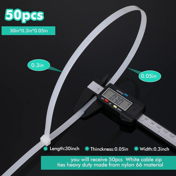 YNTVV-50 Pcs Zip Ties Heavy Duty Strong Large Cable Wire Ties Zip Industrial Sturdy Wire, Awnings Tying Branches Bundling of Crops Fixed Water Pipes(30 Inch,White)