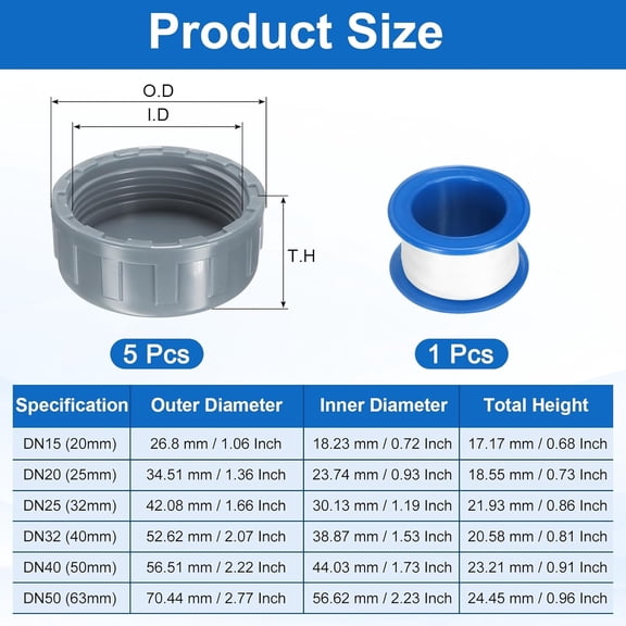 YNTVV-5Pcs 1-1/2 Inch PT Female Thread PVC Pipe Fitting Cap, Cleanout Water Drain End Caps, Pipe Plug Socket Fittings with Tape for Water Heater Supply Lines, Plumbing, Gray