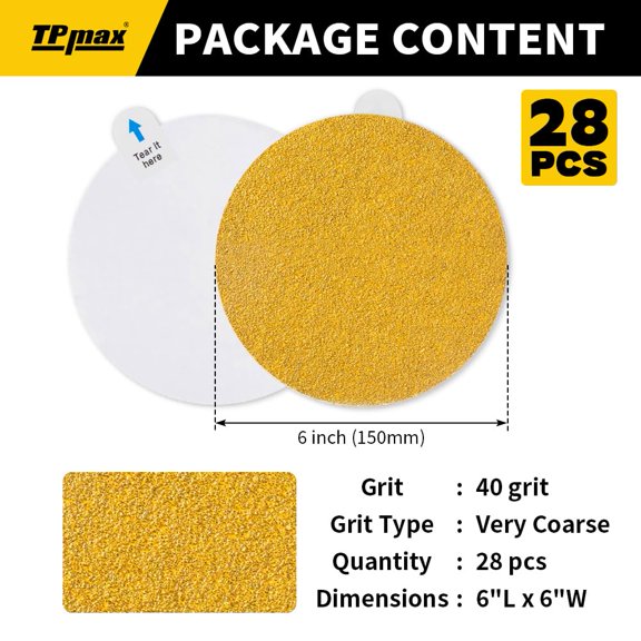 YNTVV-6-Inch 40-Grit Gold PSA Sanding Discs, 28 Pack Pro-Grade Self-Adhesive Stickyback Sandpaper with Quick-Release Tabs for DA Sander, Coarse Automotive/Wood/Metal Sanding