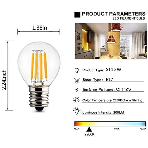 YNTVV-6-Pack S11 LED Bulbs E17 Edison Globe Light Bulbs, 20 Watt Equivalent, E17 Intermediate Base, 2200K Warm White 2W Mini S11 Replacement Bulb Bedside Lamp Bulb, Dimmable, 120V