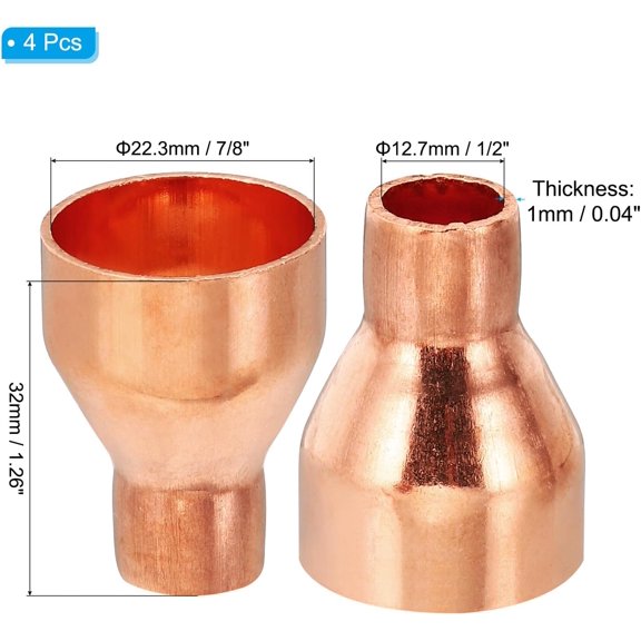 YNTVV-7/8" to 1/2" ID Copper Reducer, 4pcs 99.9% Pure Copper Reducing Coupling Pressure Fitting Pipe Tube Connector Adapter with Sweat Solder Connection for HVAC Refrigeration System