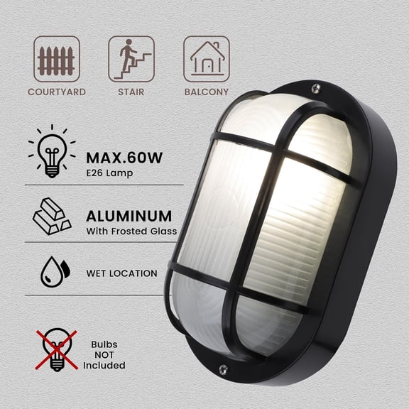 YNTVV-8.5" Modern Wall Lamp - Die-Cast Aluminum & Frosted Glass Outdoor Lighting, E26 Base (60W Max), Wet Location Rated for Patio/Deck/Basement (Black, 1-Pack)