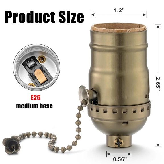 YNTVV-8 Pcs Pull Chain Lamp Socket Replacement, E26 Standard Threaded Base, Lamp Parts for Table and Floor Lamps, Light Bulb Socket with Pull Chain Lamp Switch, UL Listed, (Antique Brass-Pull Chain)