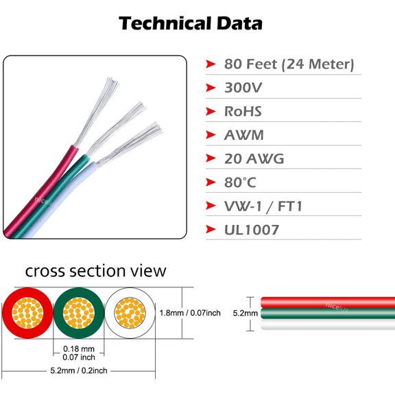 YNTVV-80 Feet(24 Meter) 3 Pin LED Extension Wire 20 AWG,for WS2812B WS2811 Addressable Dream Color Tape Light Wiring,3 Conductor Electrical Cable for Digital IC Tape Light,Hook Up Wire