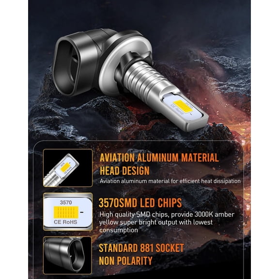 YNTVV-881 LED Fog Light Bulb 3000K Amber Yellow 3200LM Extremely Bright 889 898 886 896 894 LED Bulb Replacement for Fog Lights DRL Lights,Pack of 2